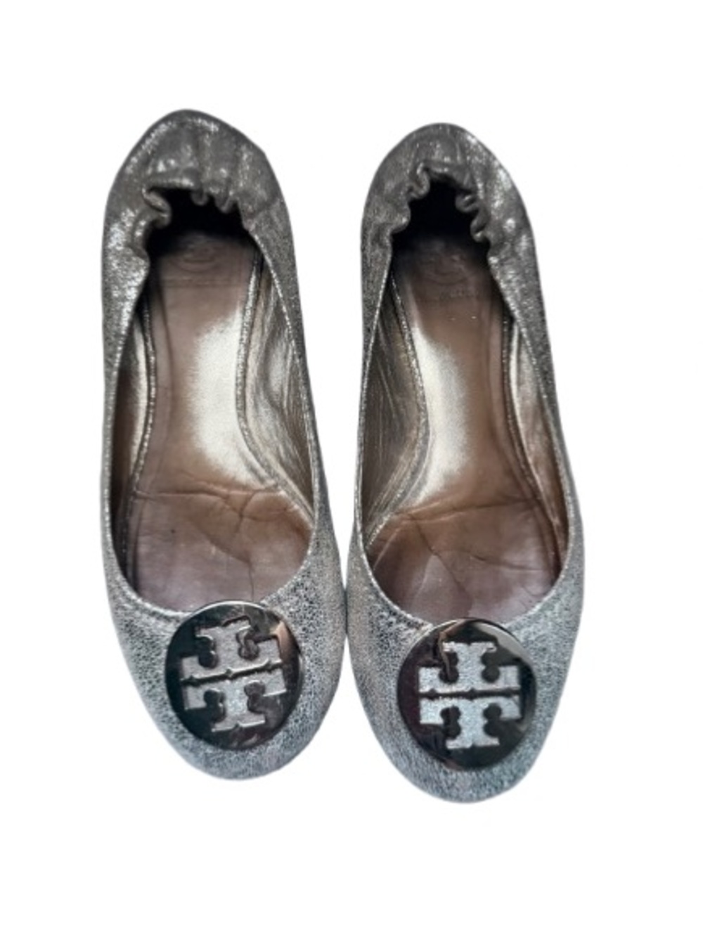 Tory Burch Metallic Silver Logo Ballet Flats